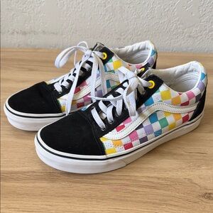 Vans Black Toe Low-Top Sneakers with Rainbow Checkerboard